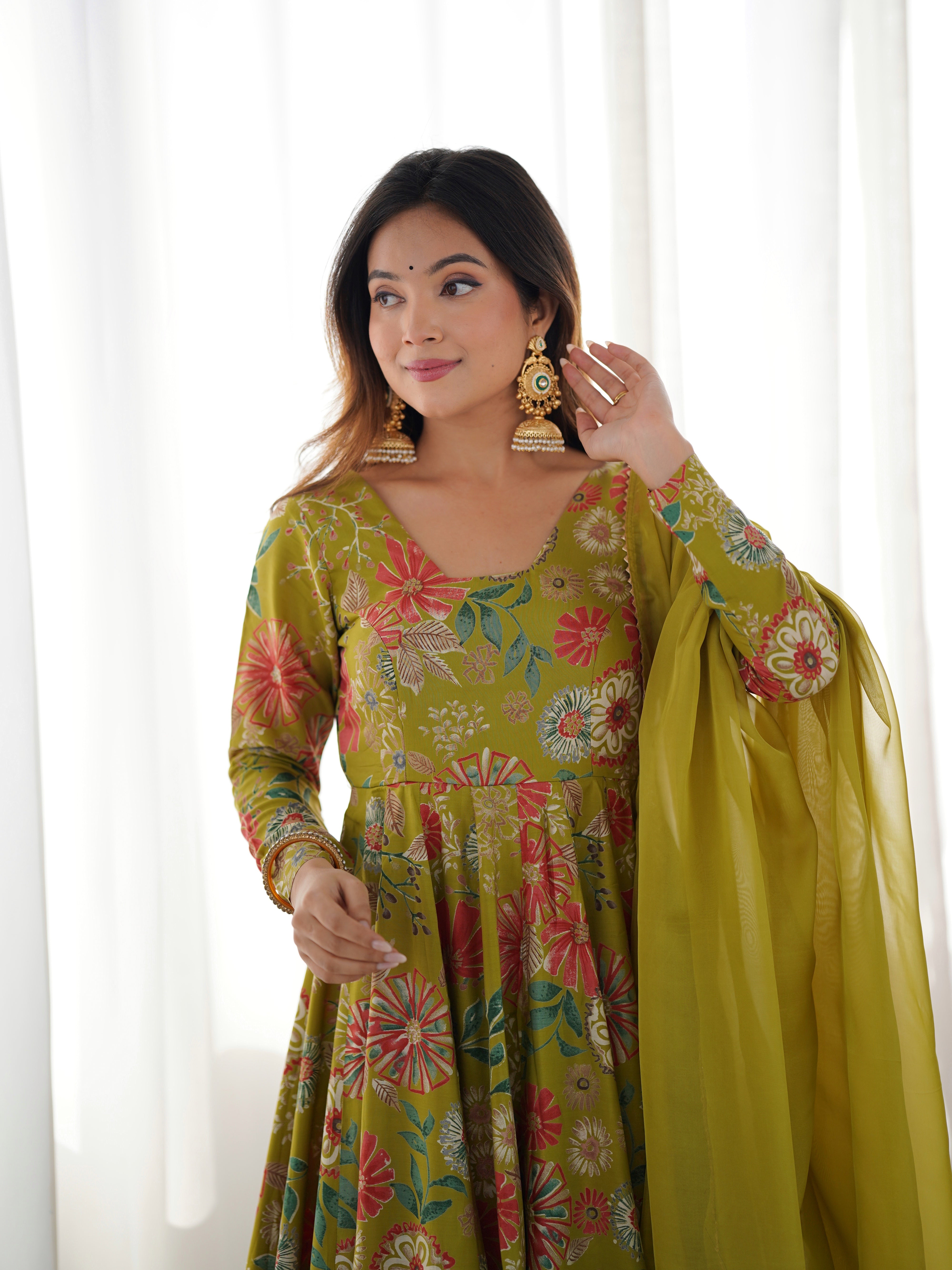 Elegant Pure Romansilk Chanderi Discharge Print Kediya Style Kurta Set with Palazzo &amp; Dupatta