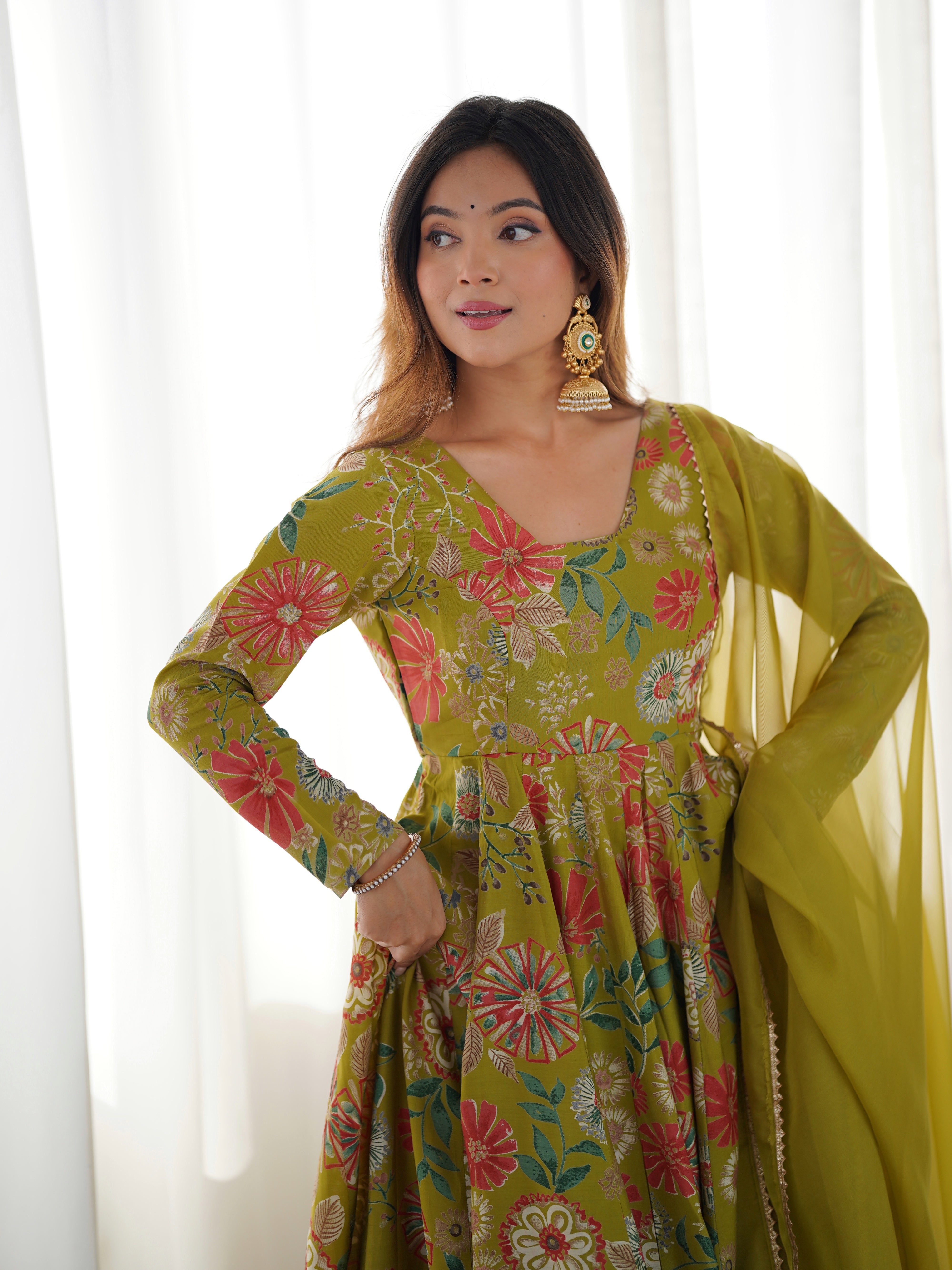 Elegant Pure Romansilk Chanderi Discharge Print Kediya Style Kurta Set with Palazzo &amp; Dupatta
