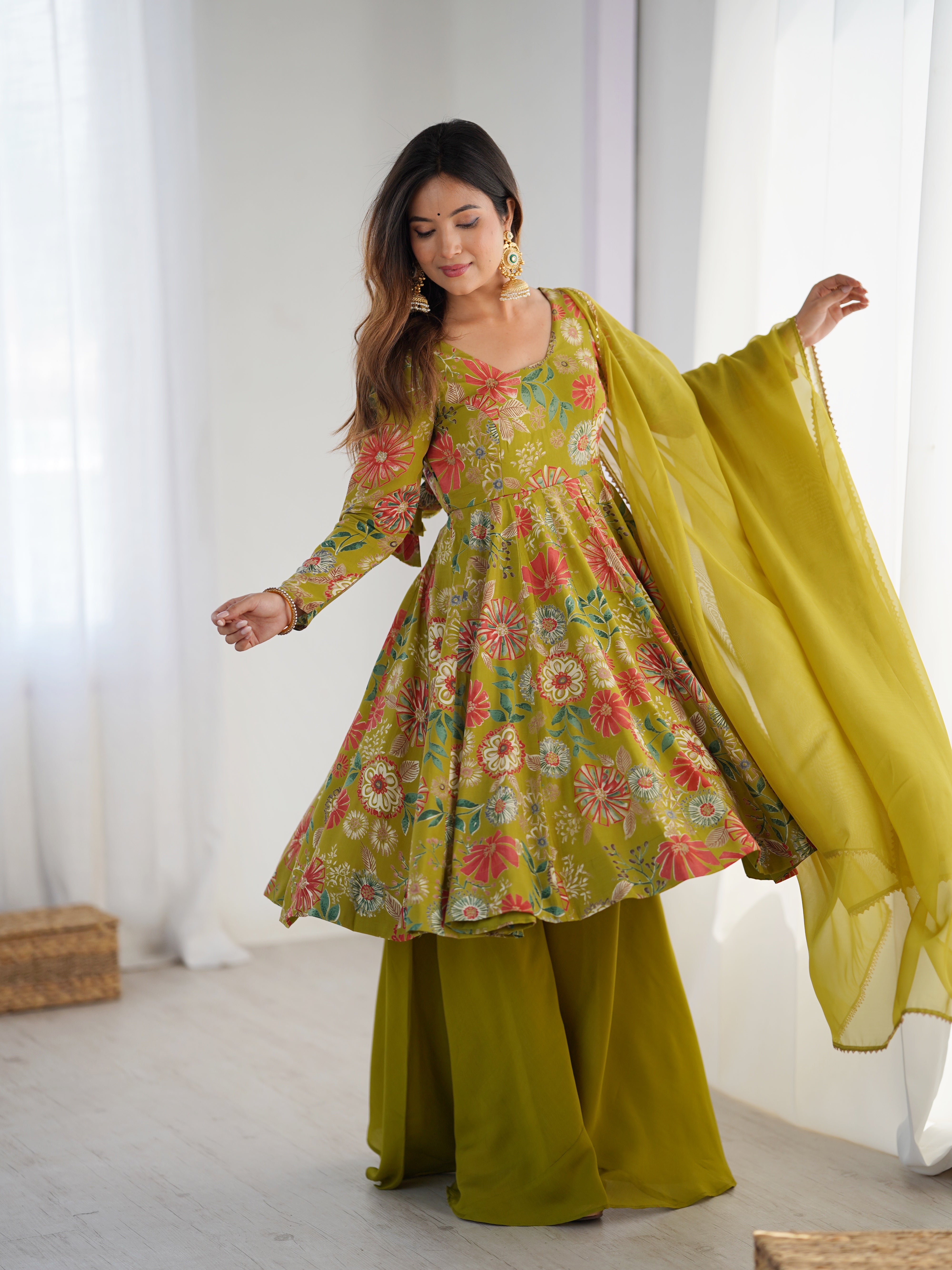 Elegant Pure Romansilk Chanderi Discharge Print Kediya Style Kurta Set with Palazzo &amp; Dupatta