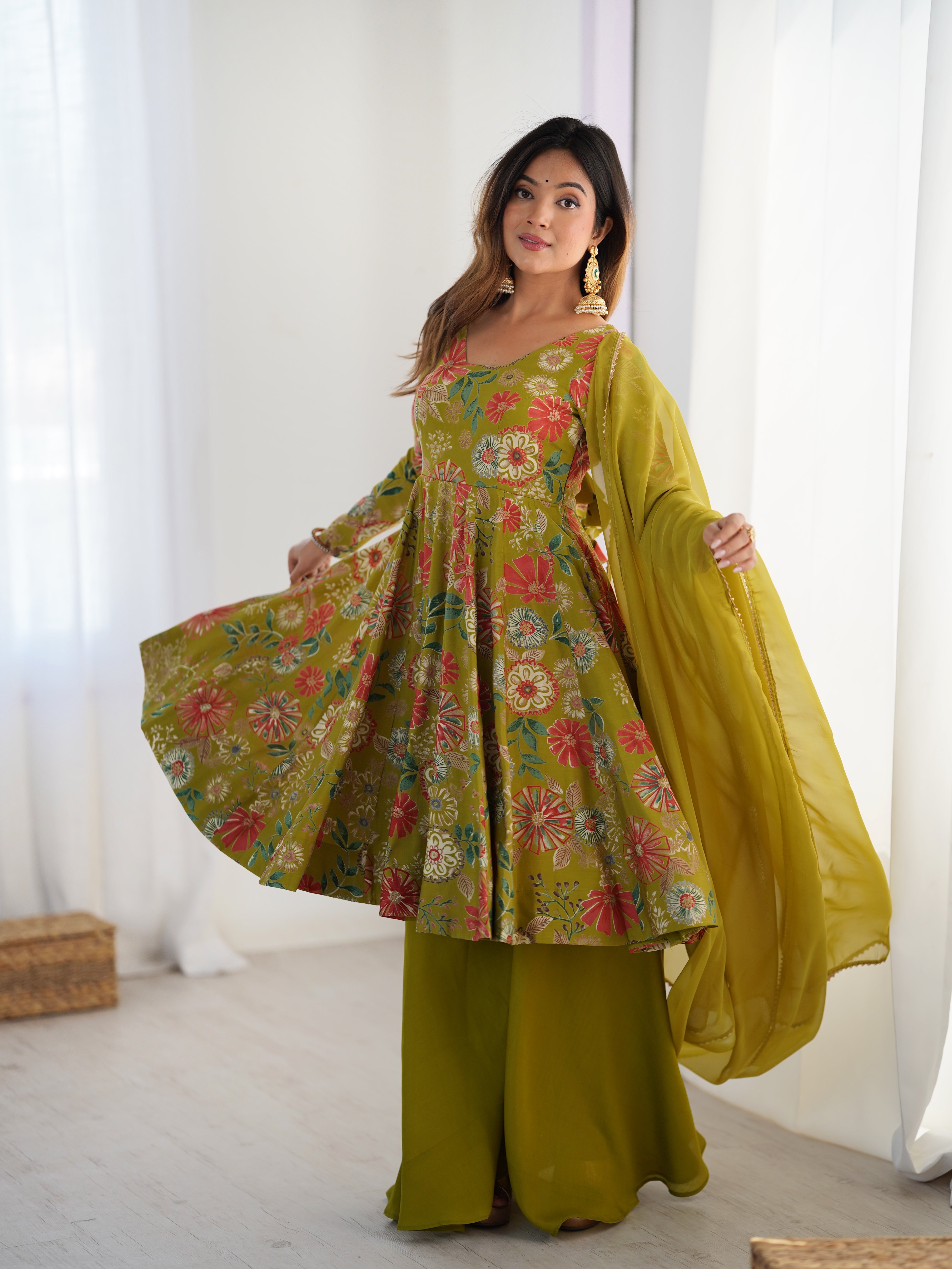 Elegant Pure Romansilk Chanderi Discharge Print Kediya Style Kurta Set with Palazzo &amp; Dupatta