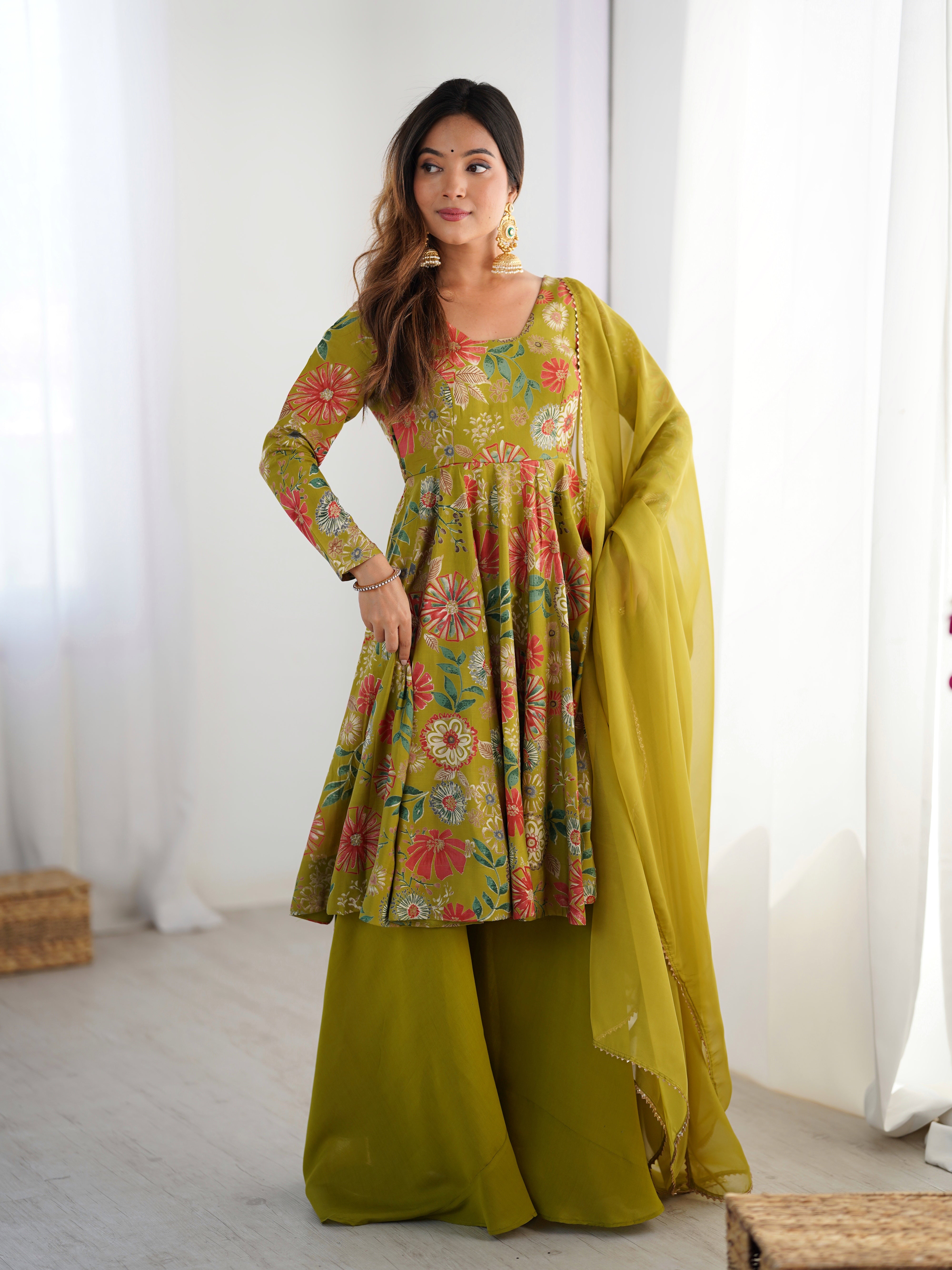 Elegant Pure Romansilk Chanderi Discharge Print Kediya Style Kurta Set with Palazzo &amp; Dupatta