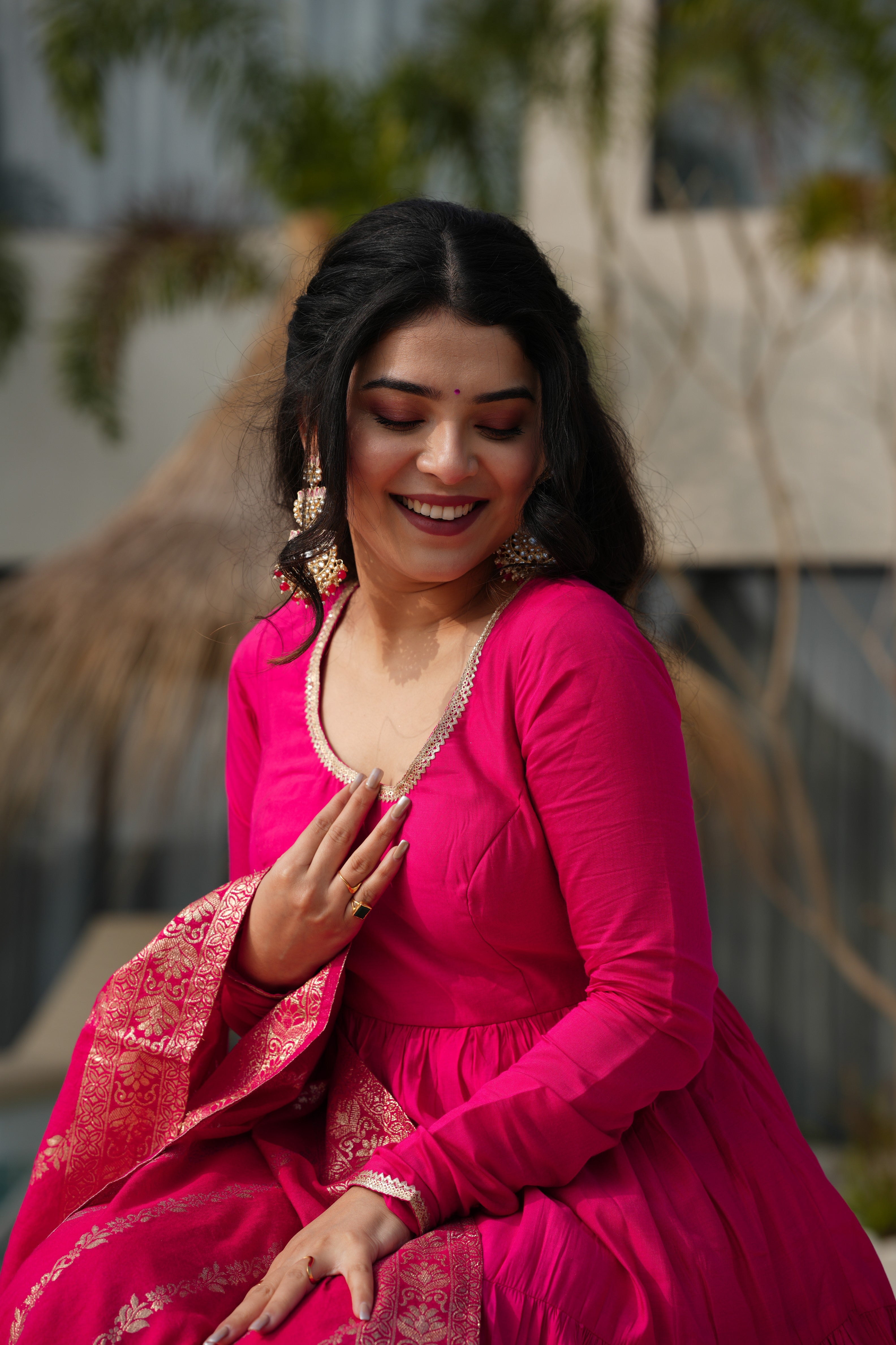 Graceful Pure Romansilk Chanderi Anarkali Set with Pant & Dupatta