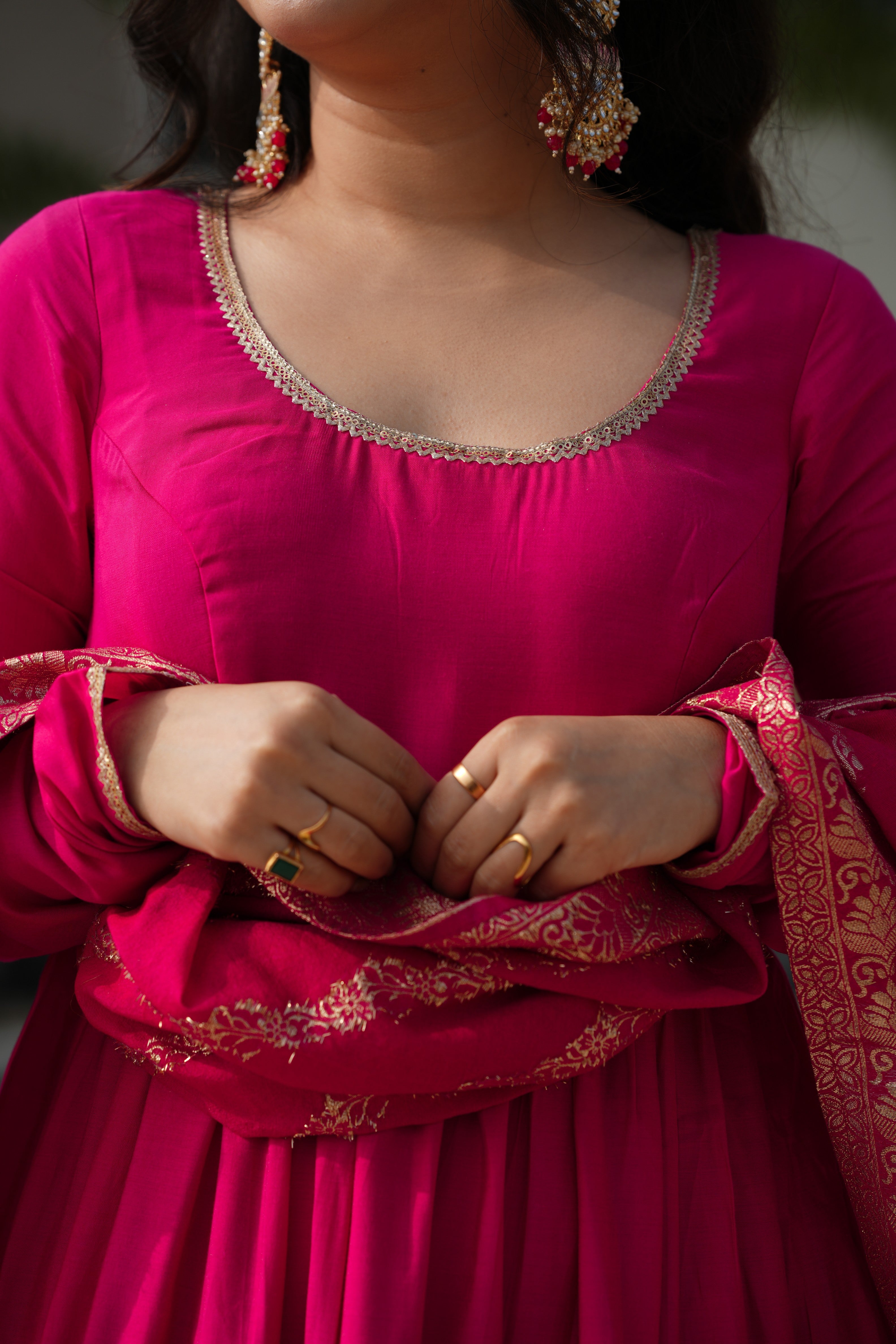 Graceful Pure Romansilk Chanderi Anarkali Set with Pant & Dupatta