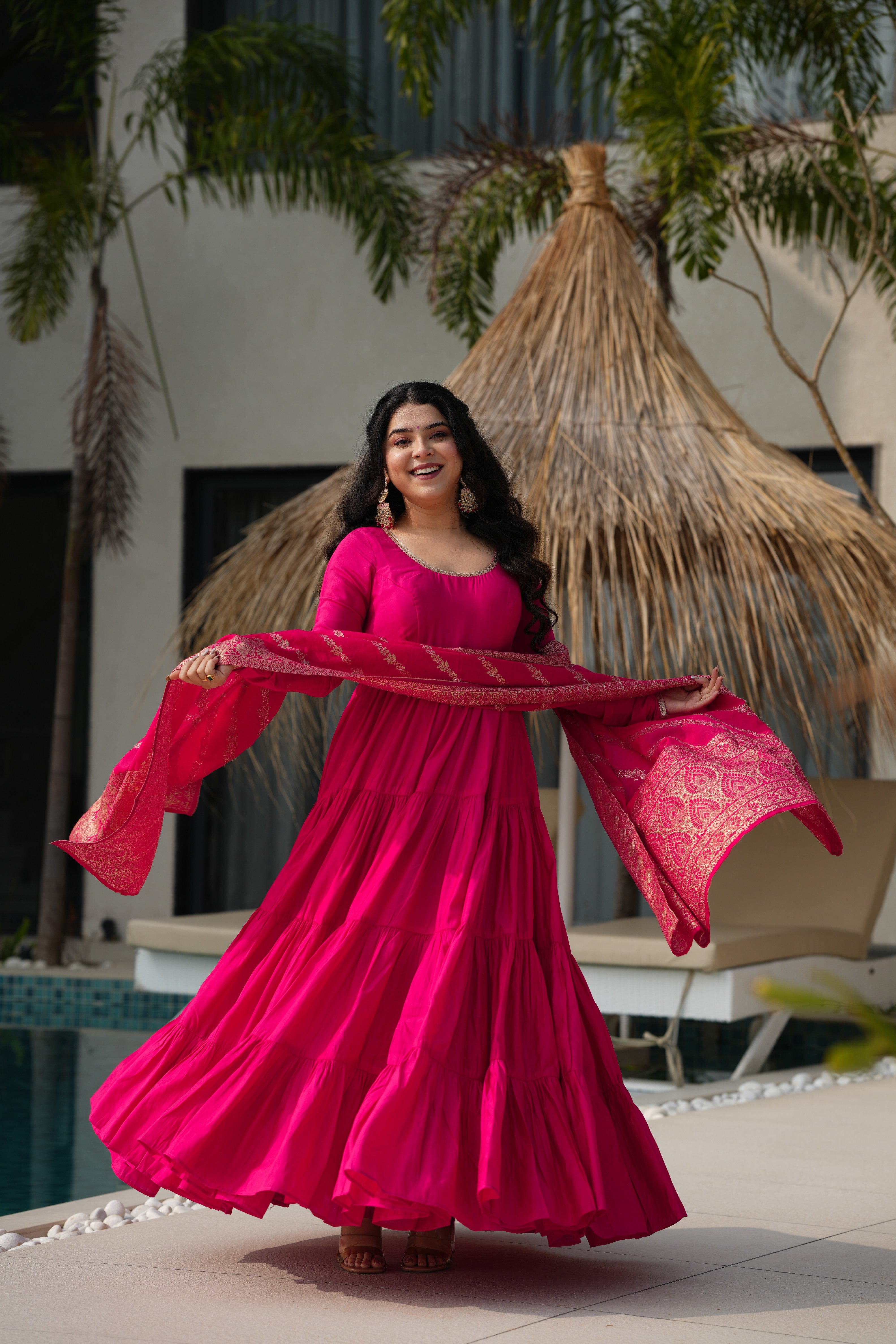 Graceful Pure Romansilk Chanderi Anarkali Set with Pant & Dupatta