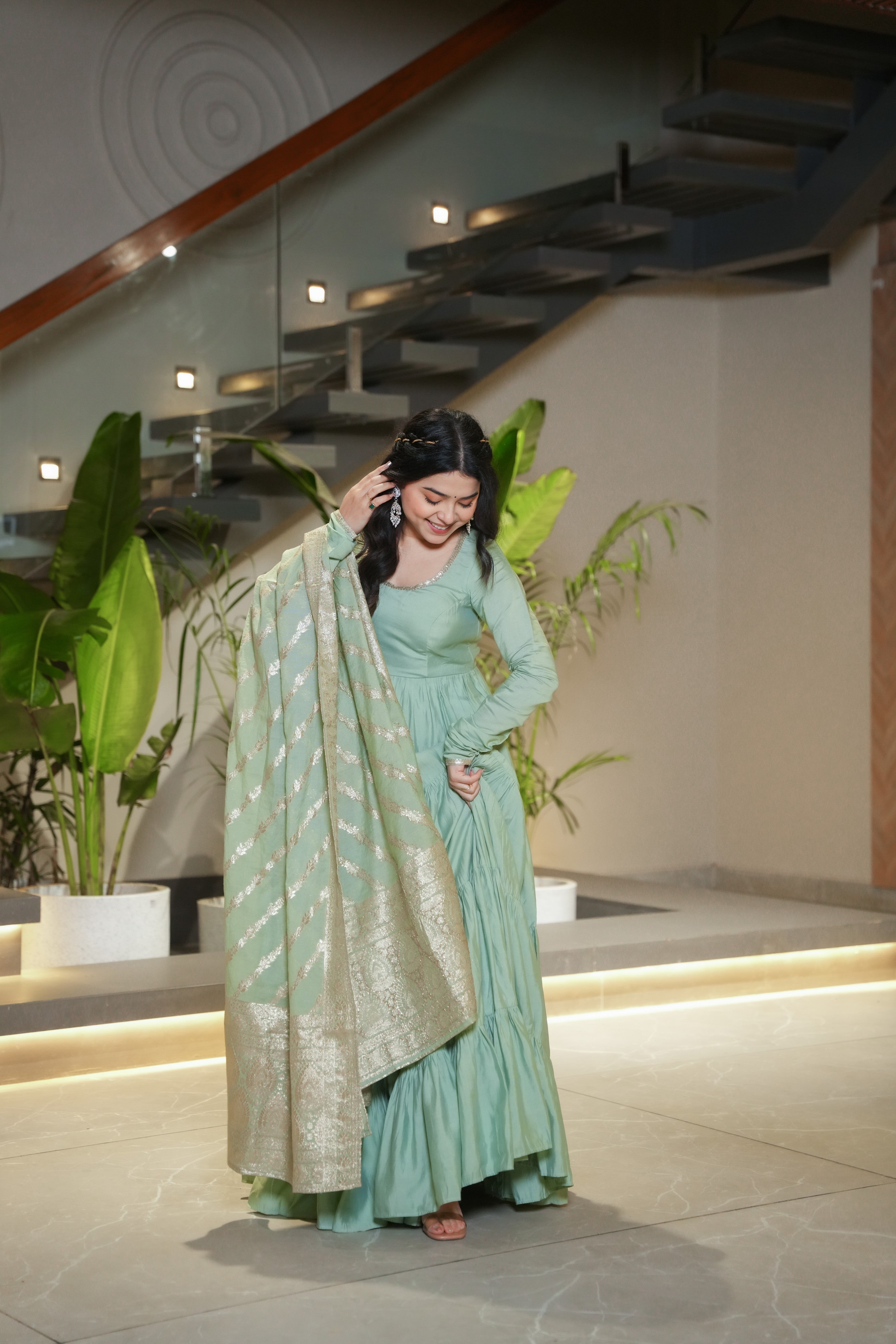 Graceful Pure Romansilk Chanderi Anarkali Set with Pant & Dupatta