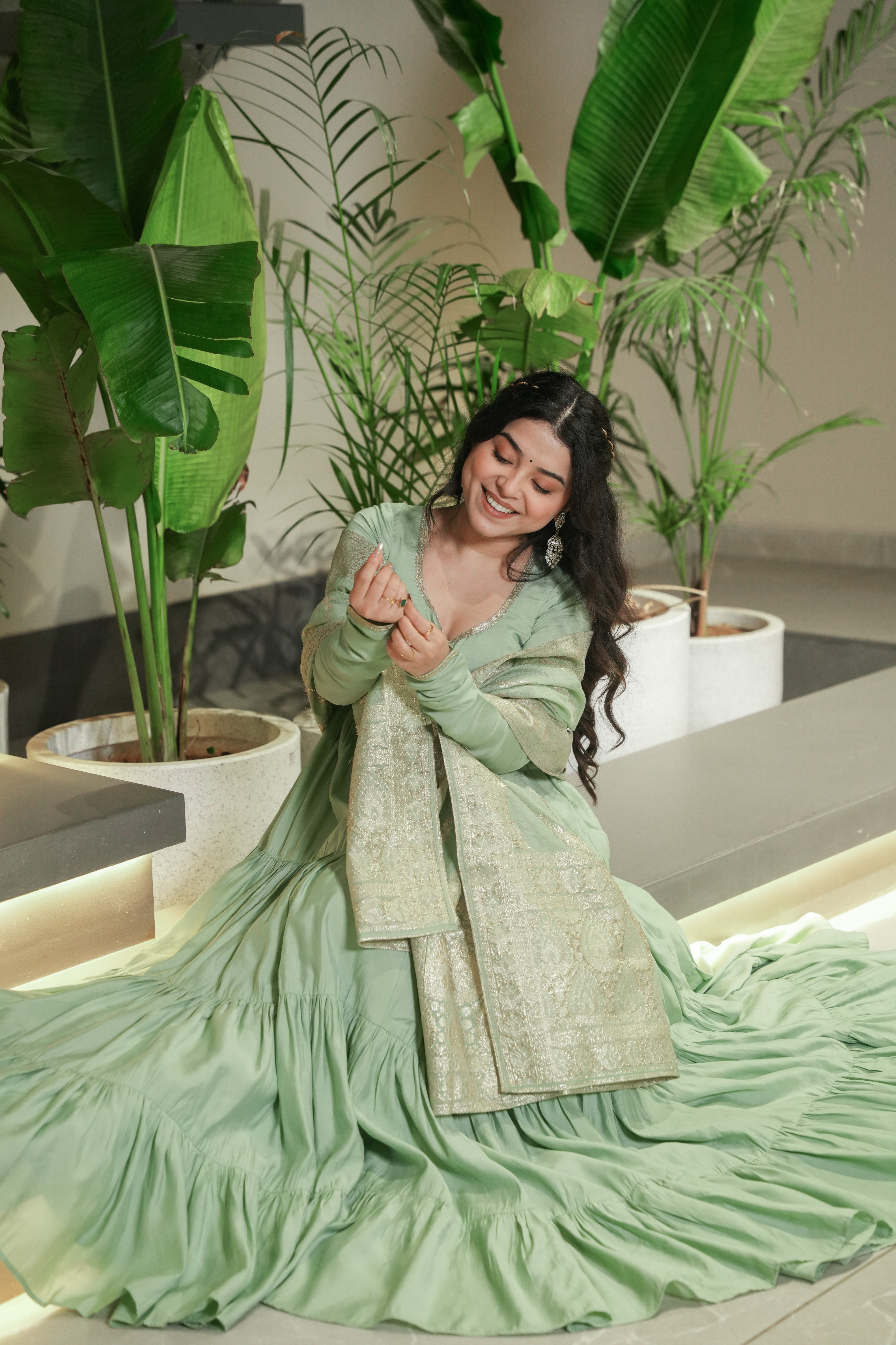 Graceful Pure Romansilk Chanderi Anarkali Set with Pant & Dupatta