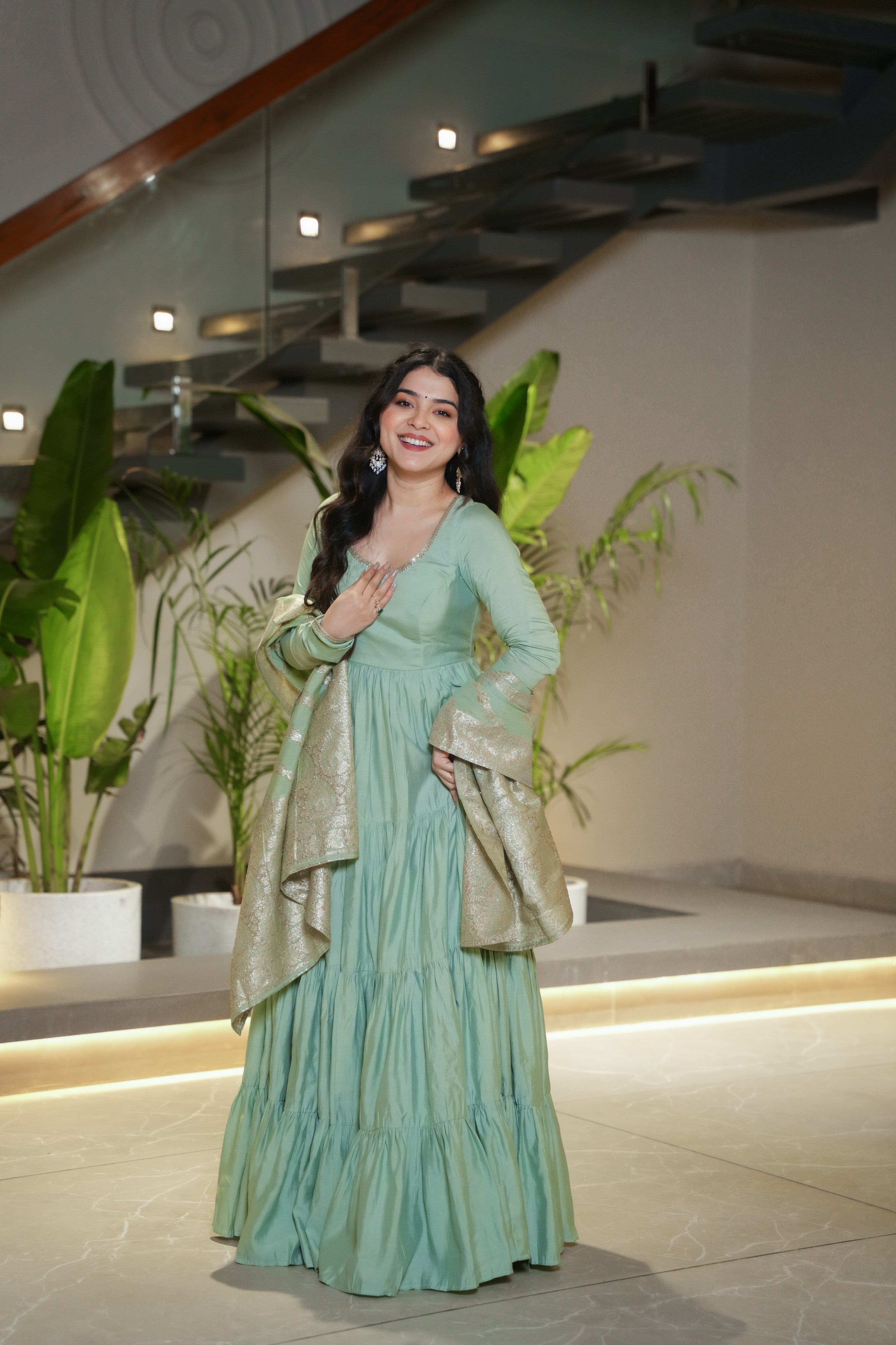 Graceful Pure Romansilk Chanderi Anarkali Set with Pant & Dupatta