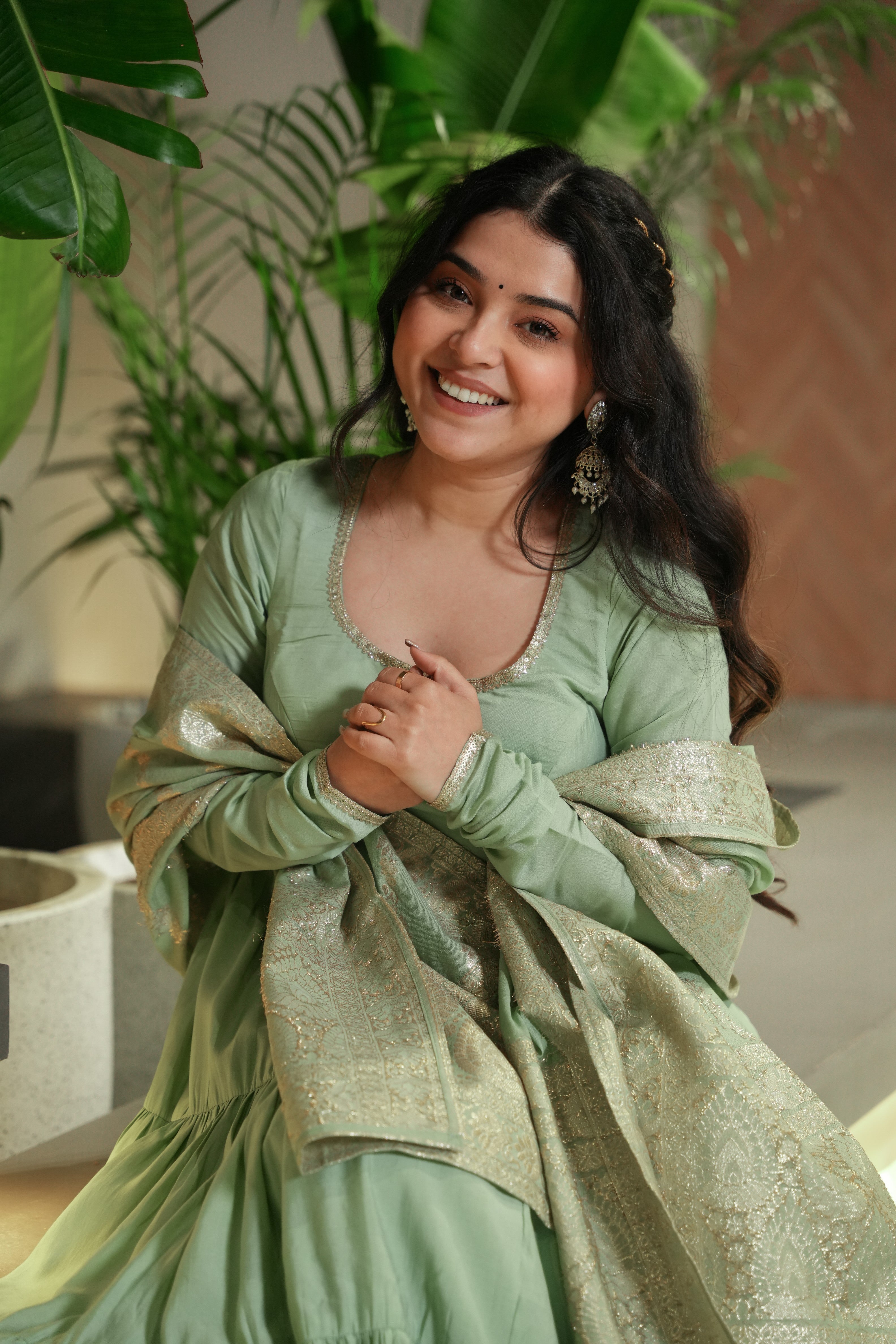 Graceful Pure Romansilk Chanderi Anarkali Set with Pant & Dupatta