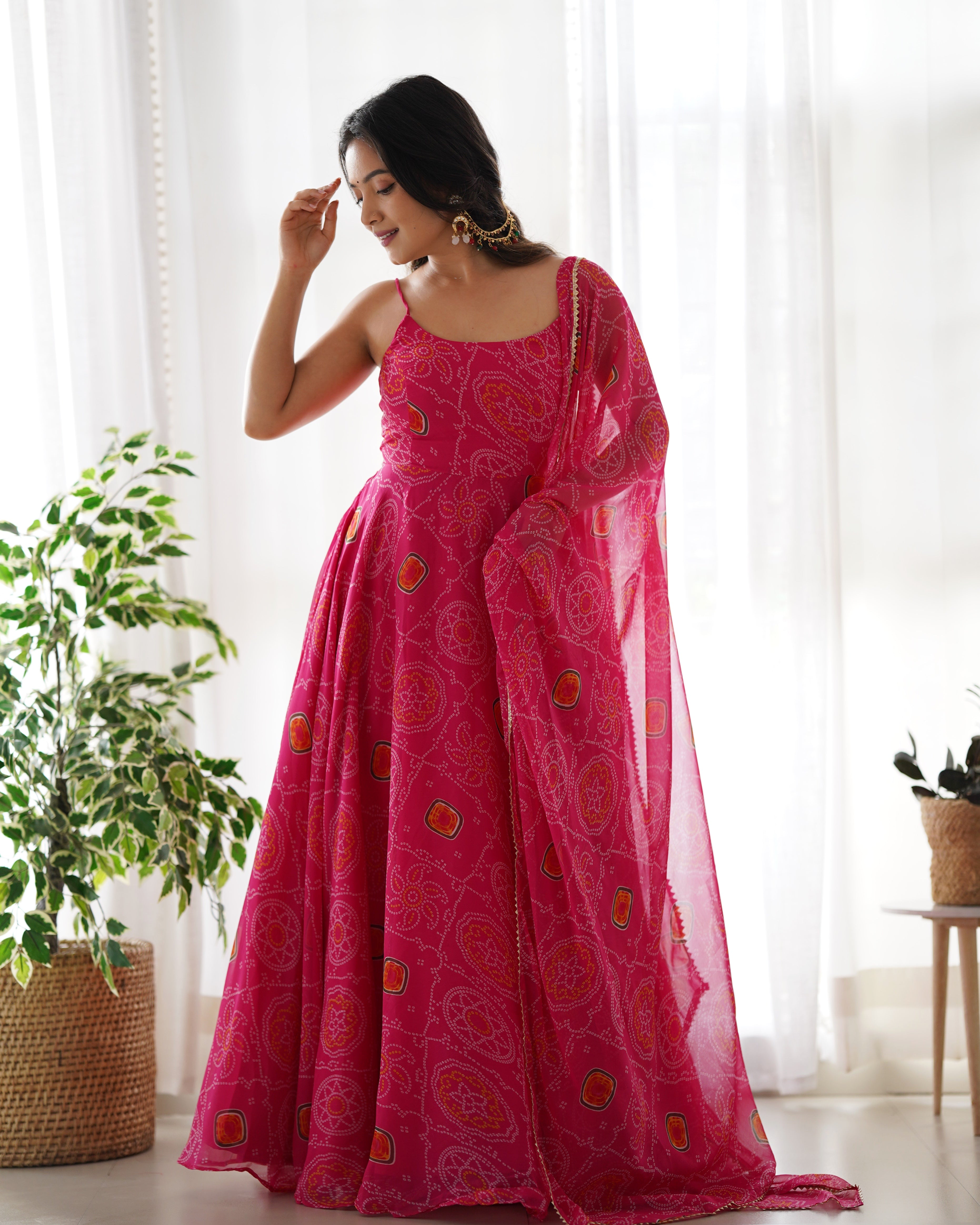 Trendy Lightweight Chiffon Bandhej Anarkali Set with Dupatta & Pant
