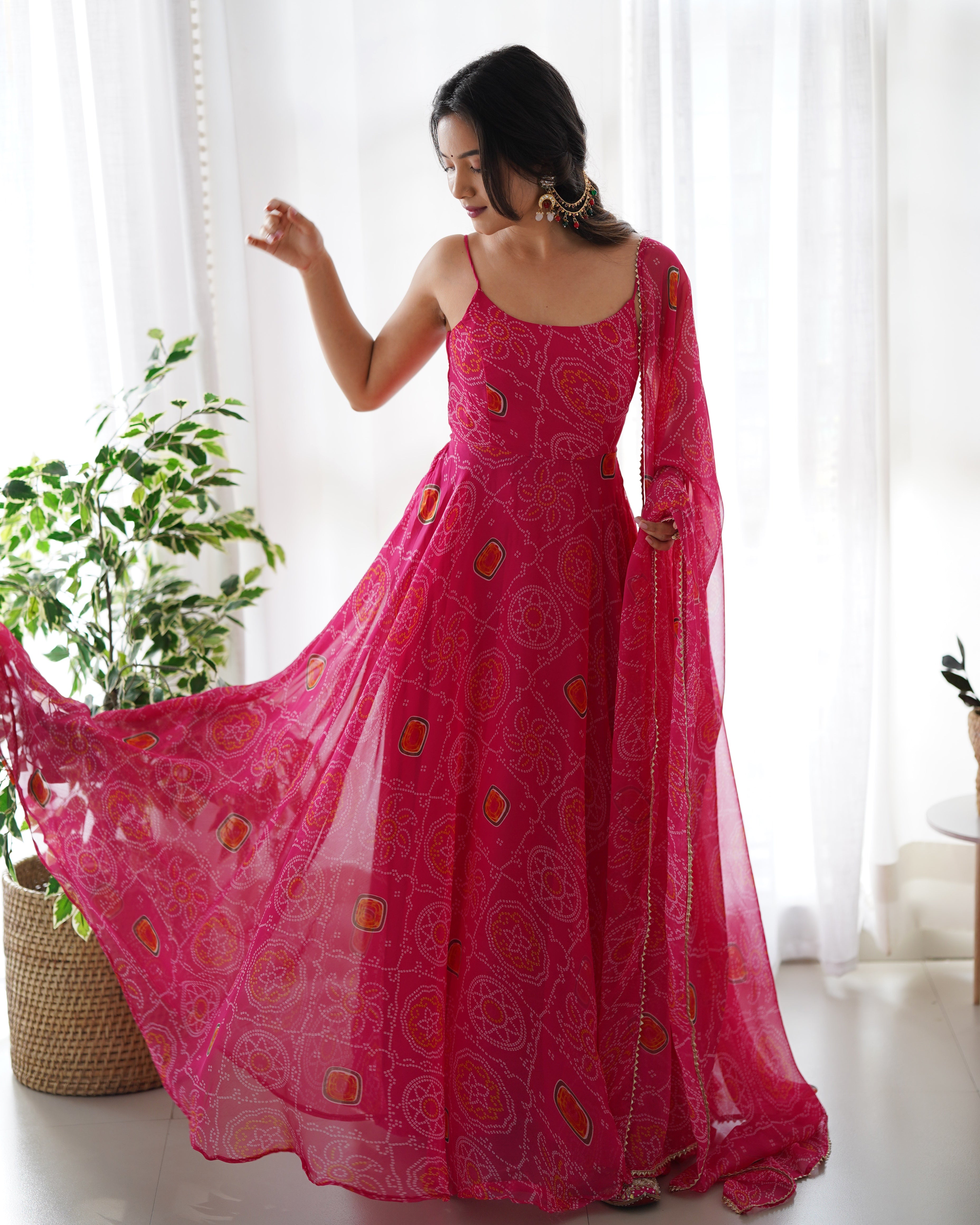 Trendy Lightweight Chiffon Bandhej Anarkali Set with Dupatta & Pant