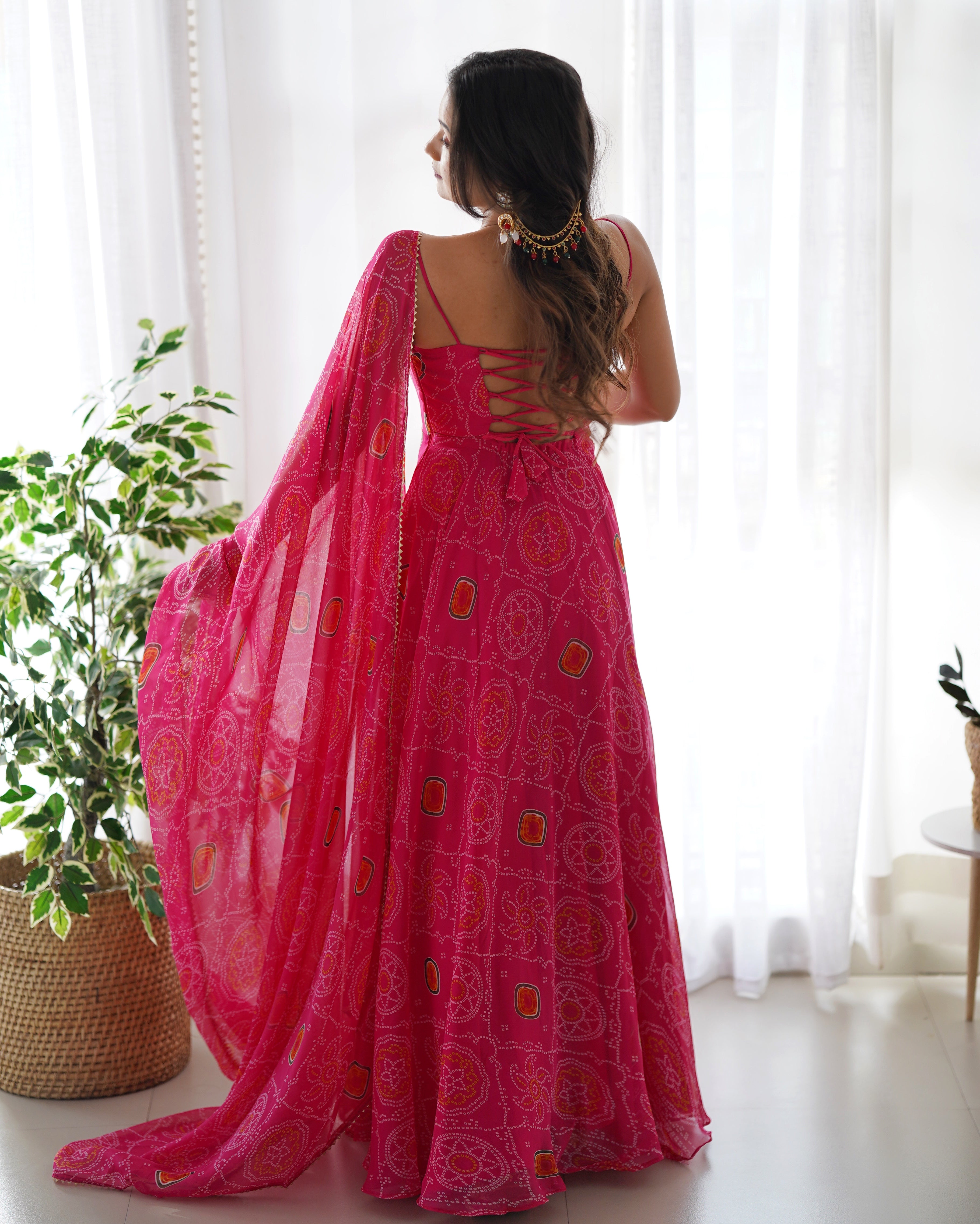 Trendy Lightweight Chiffon Bandhej Anarkali Set with Dupatta & Pant