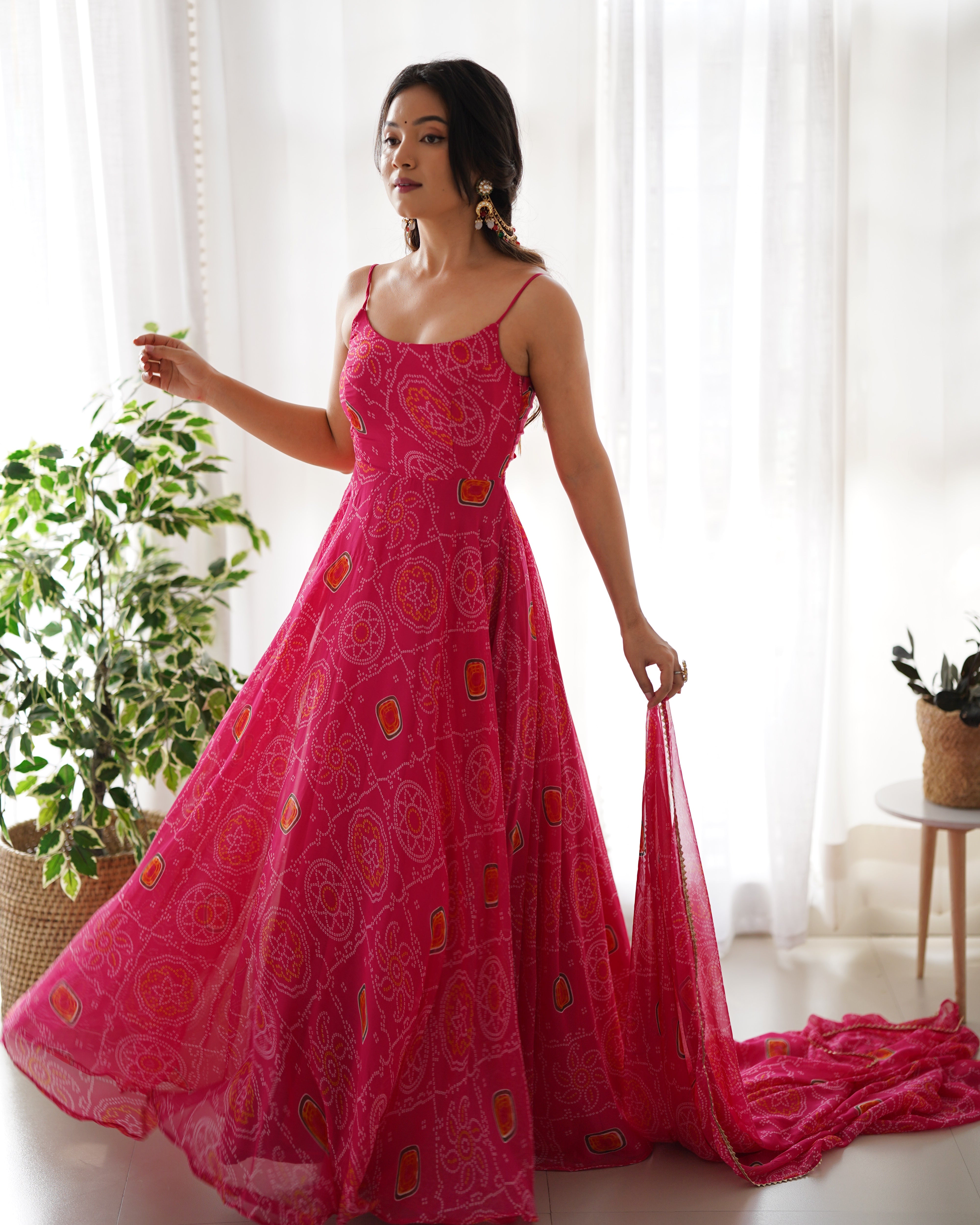 Trendy Lightweight Chiffon Bandhej Anarkali Set with Dupatta & Pant