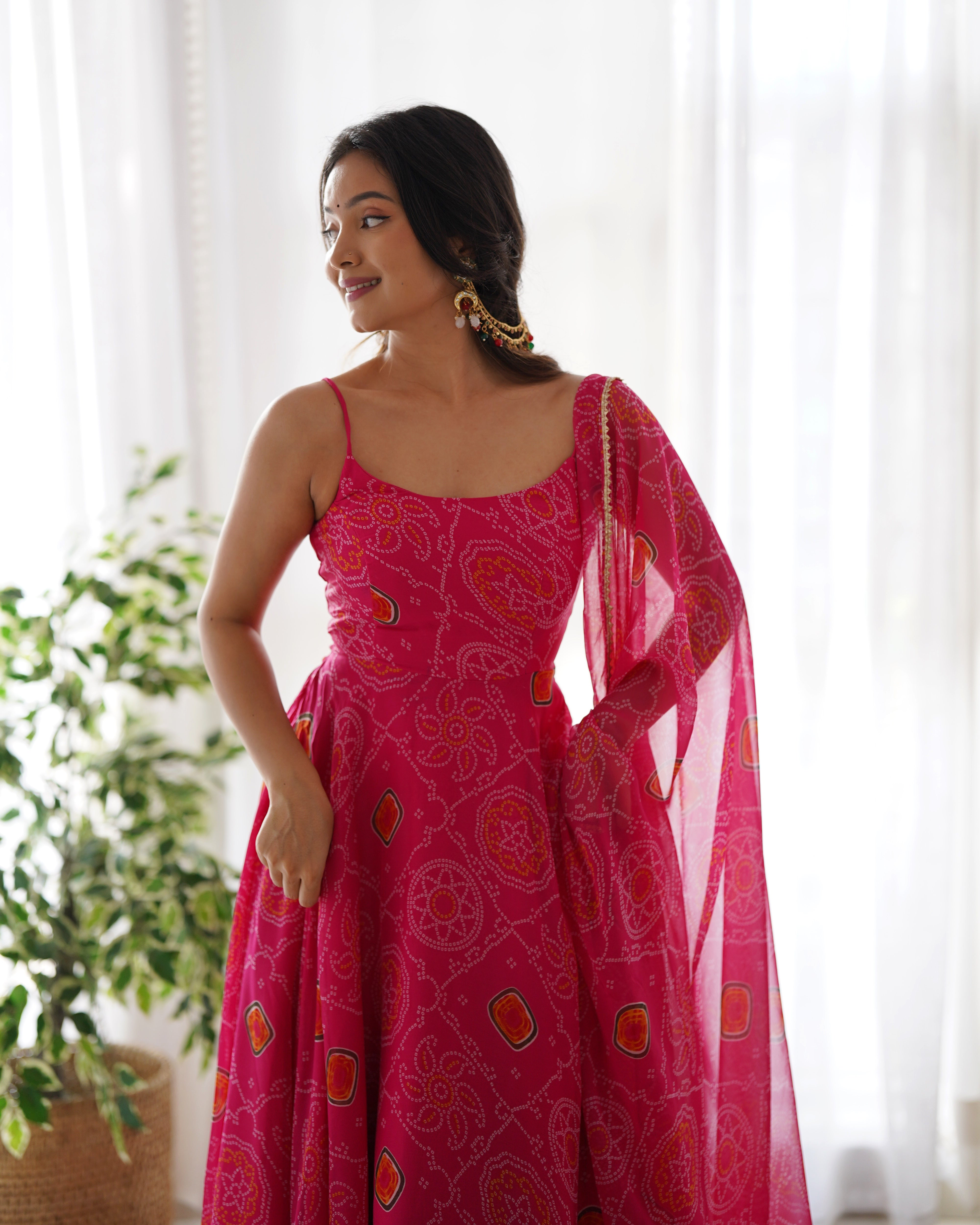 Trendy Lightweight Chiffon Bandhej Anarkali Set with Dupatta & Pant