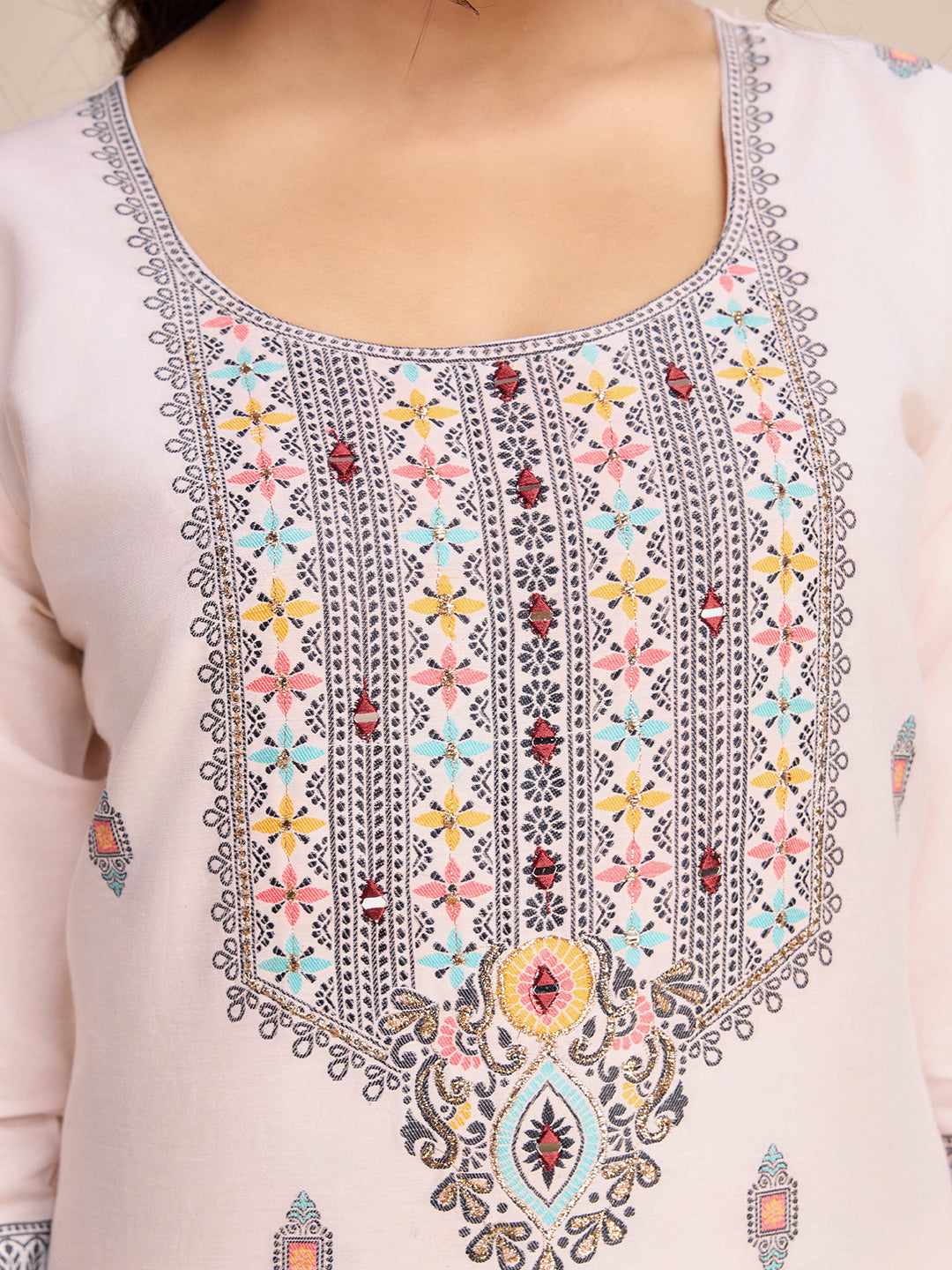 Fumka Pure Cotton Jacquard Kurti with elegant Mirror Work, Comes with an inner lining for a perfect fit.