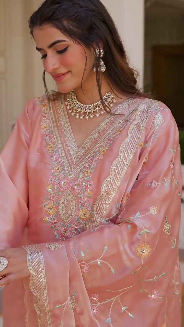 Presenting New Collection in Jimmy Choo Silk with Heavy Embroidery Sequence Work - Top, Bottom &amp; Dupatta Set